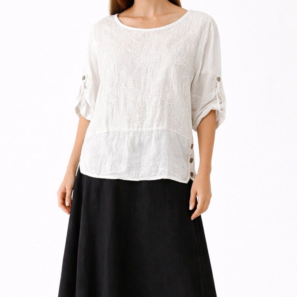 Lungo L'Arno Italy White Linen Boho Embroidered  Top Roll Tab Sleeve